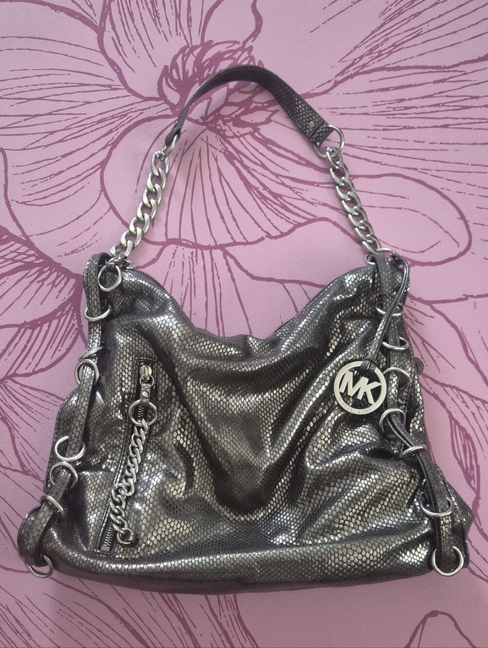 Michael Kors Gunmetal Snake-Print Chain Shoulder Bag
